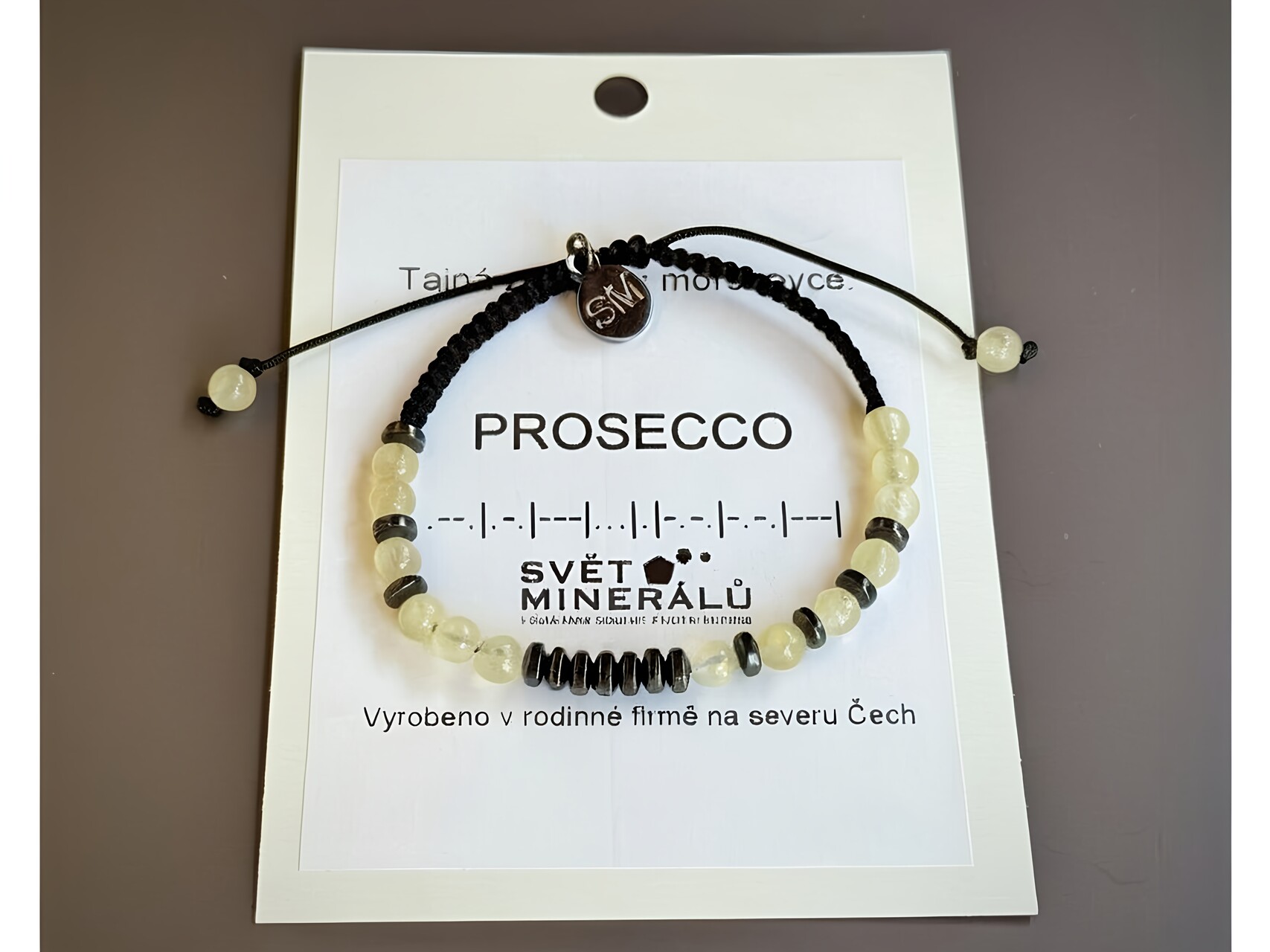 36034 10 naramky z mineralu a polodrahokamu naramek s tajnym vzkazem v morseove abecede prosecco sperky z kalcitu