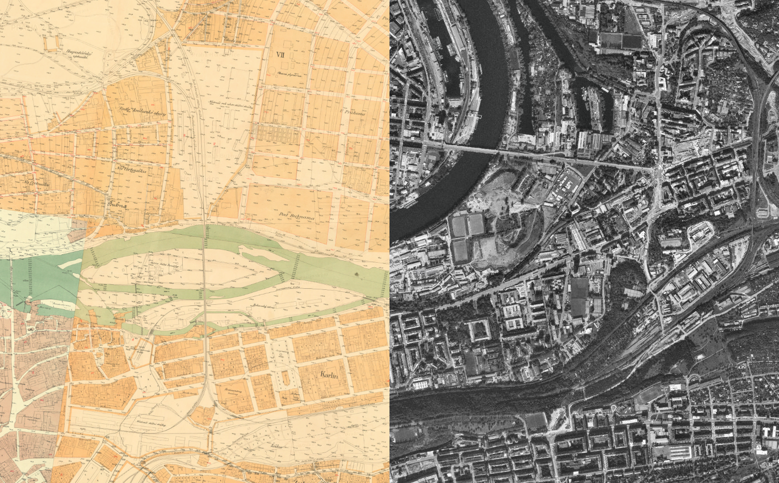 Jak se měnilo koryto Vltavy a podoba území dnešního Karlína? Srovnání map z roku 1889 a 1989